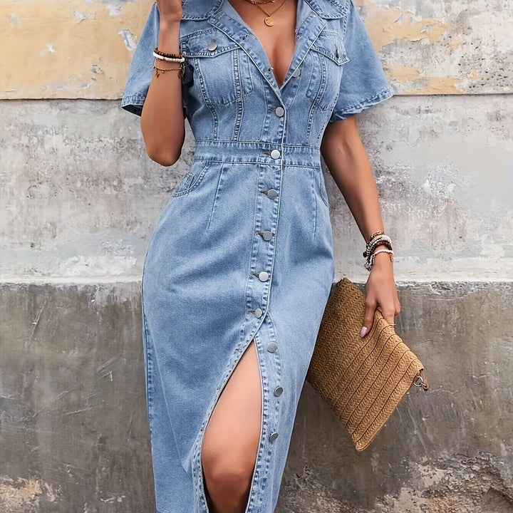 Denim Jurk – Korte Mouwen & Knoopsluiting Aan De Voorkant