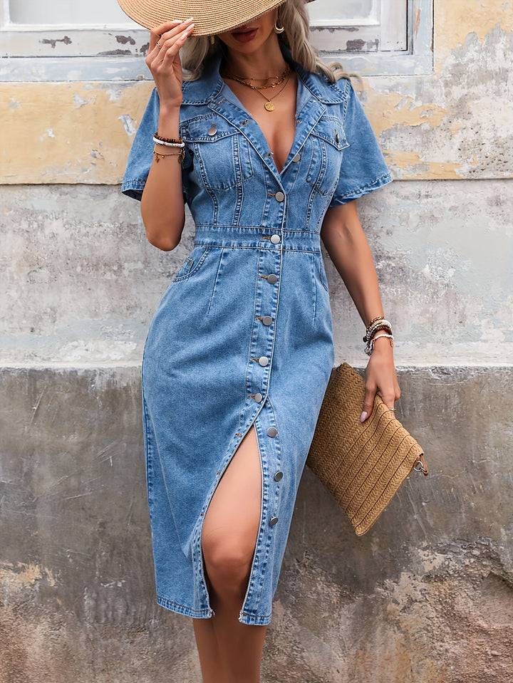 Denim Jurk – Korte Mouwen & Knoopsluiting Aan De Voorkant