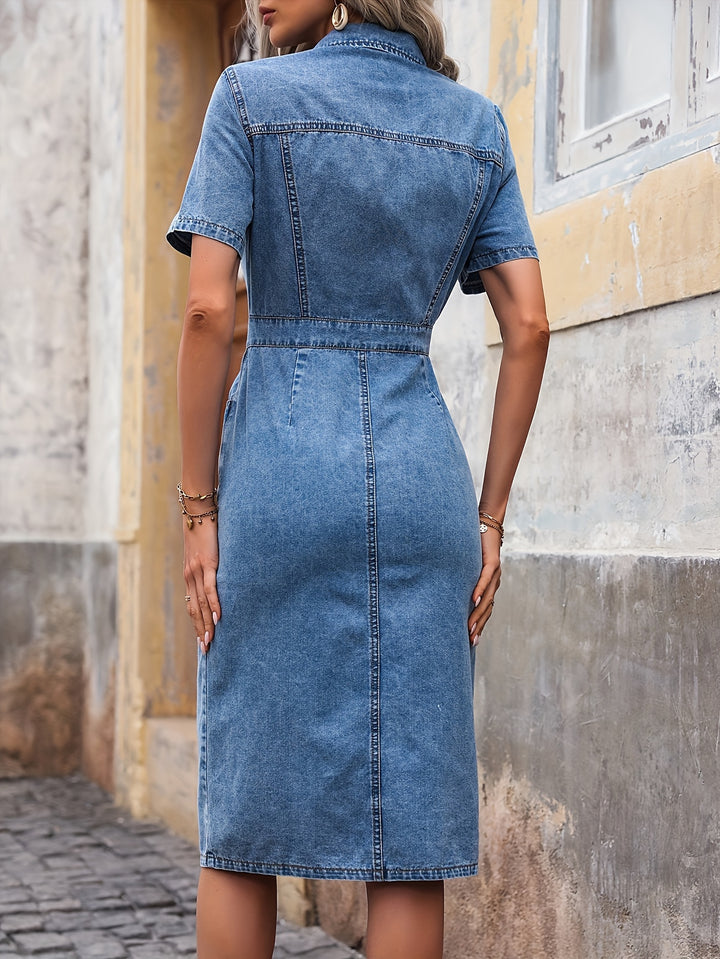 Denim Jurk – Korte Mouwen & Knoopsluiting Aan De Voorkant