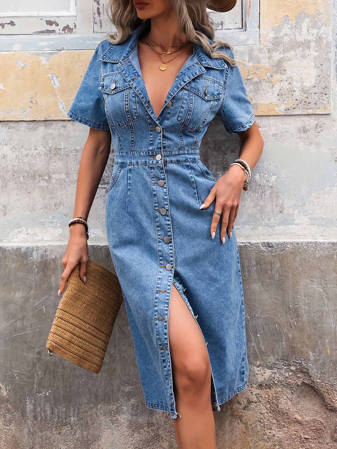 Denim Jurk – Korte Mouwen & Knoopsluiting Aan De Voorkant