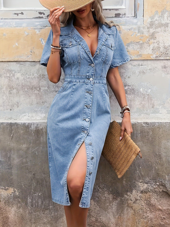 Denim Jurk – Korte Mouwen & Knoopsluiting Aan De Voorkant