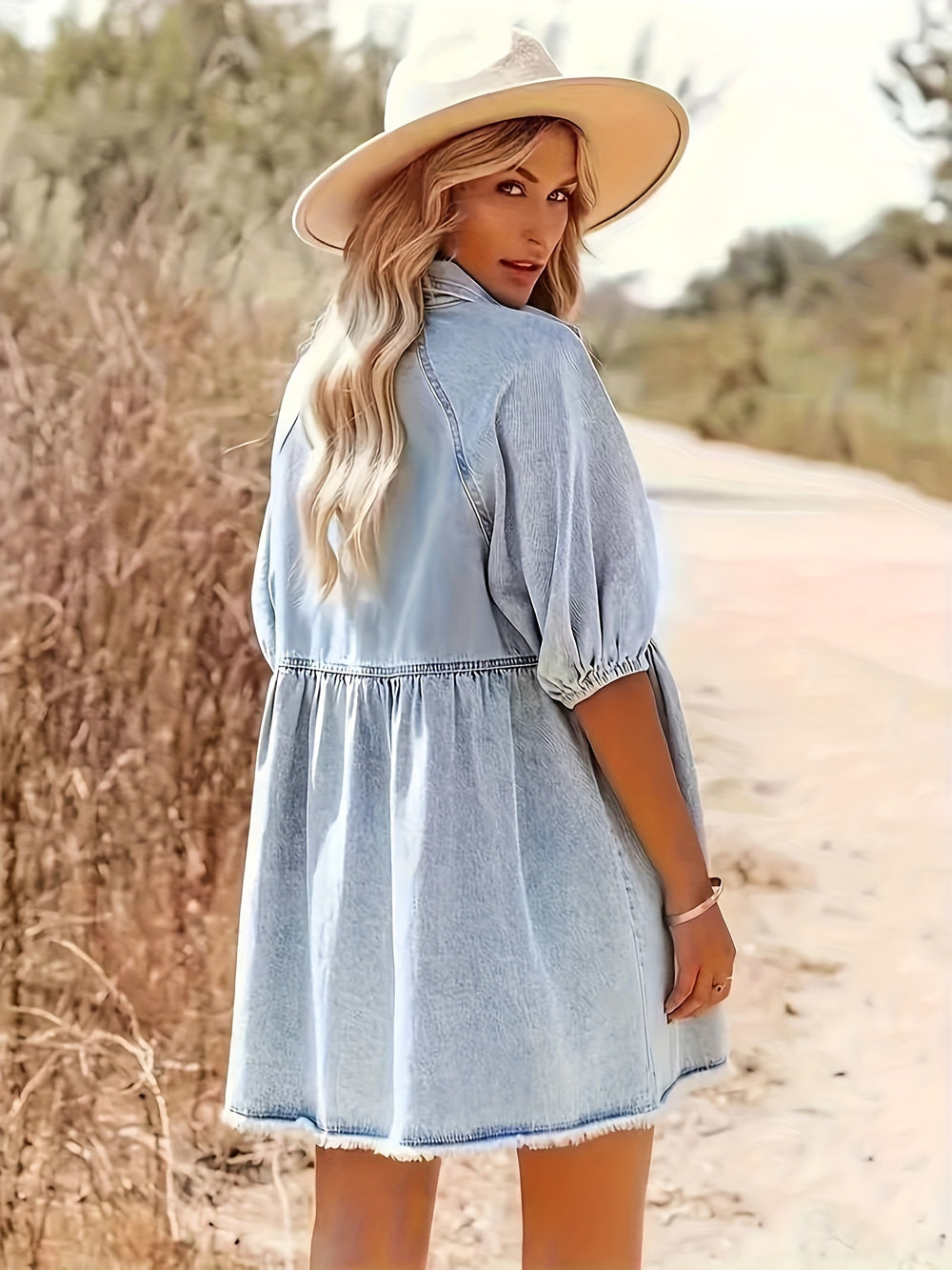 Denim Jurk – Pofmouwen & Knoopsluiting