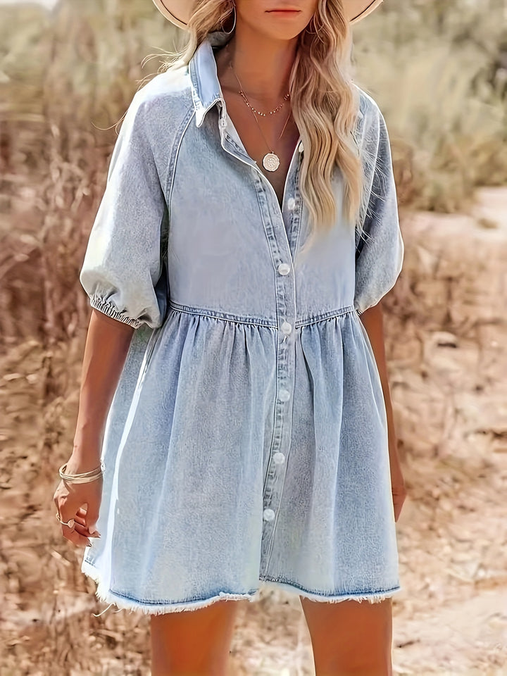 Denim Jurk – Pofmouwen & Knoopsluiting met Ruwe Zoom