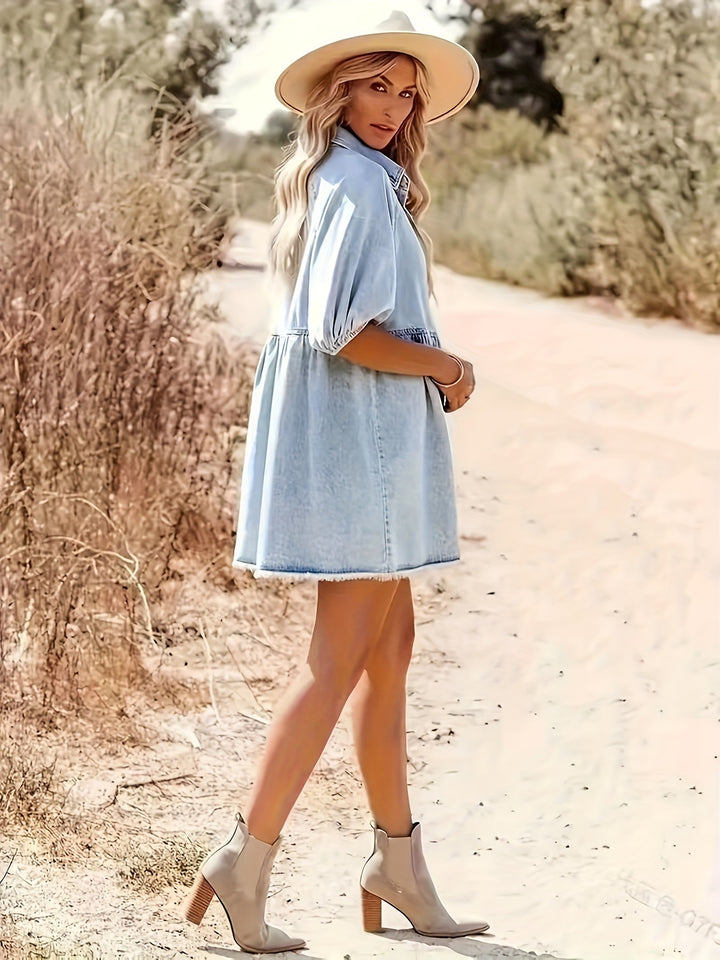 Denim Jurk – Pofmouwen & Knoopsluiting met Ruwe Zoom