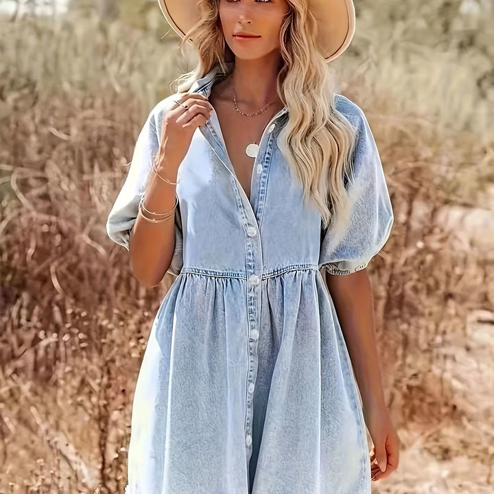 Denim Jurk – Pofmouwen & Knoopsluiting met Ruwe Zoom