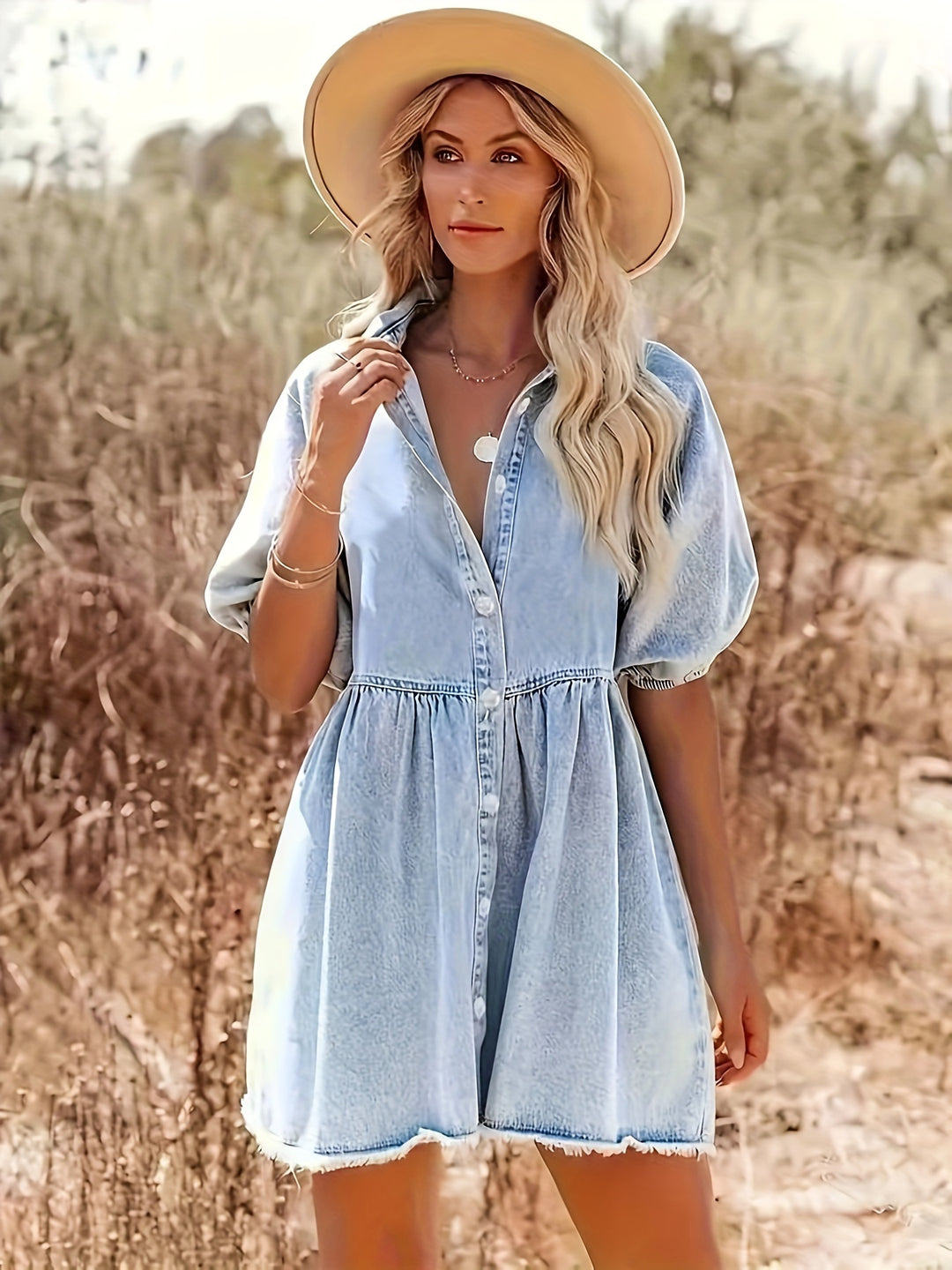 Denim Jurk – Pofmouwen & Knoopsluiting
