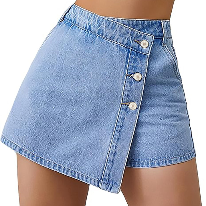 Denim Shorts Rok – Hoge Taille & Asymmetrische Knoopsluiting