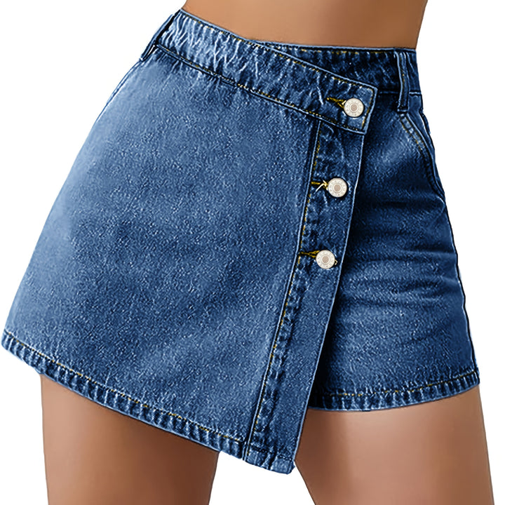 Denim Shorts Rok – Hoge Taille & Asymmetrische Knoopsluiting
