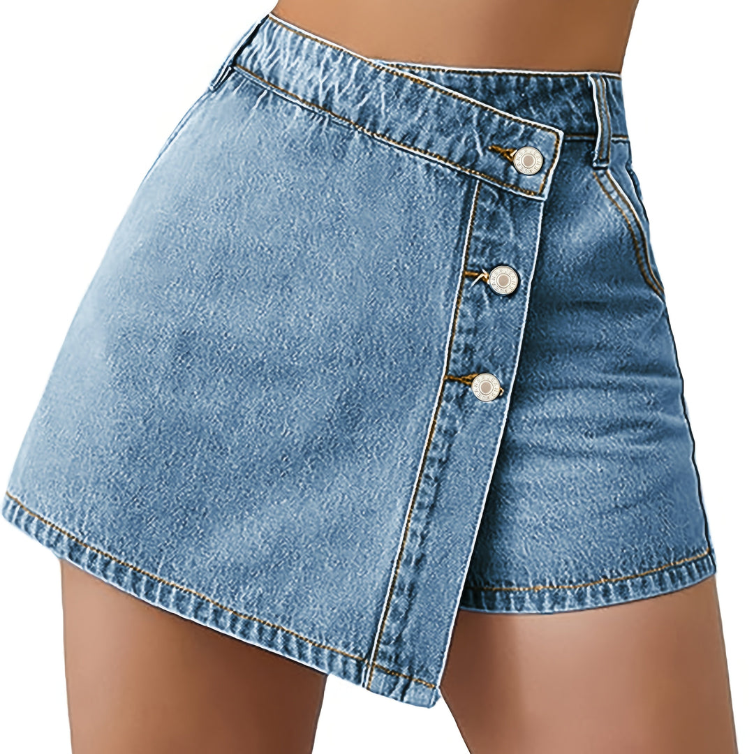 Denim Shorts Rok – Hoge Taille & Asymmetrische Knoopsluiting