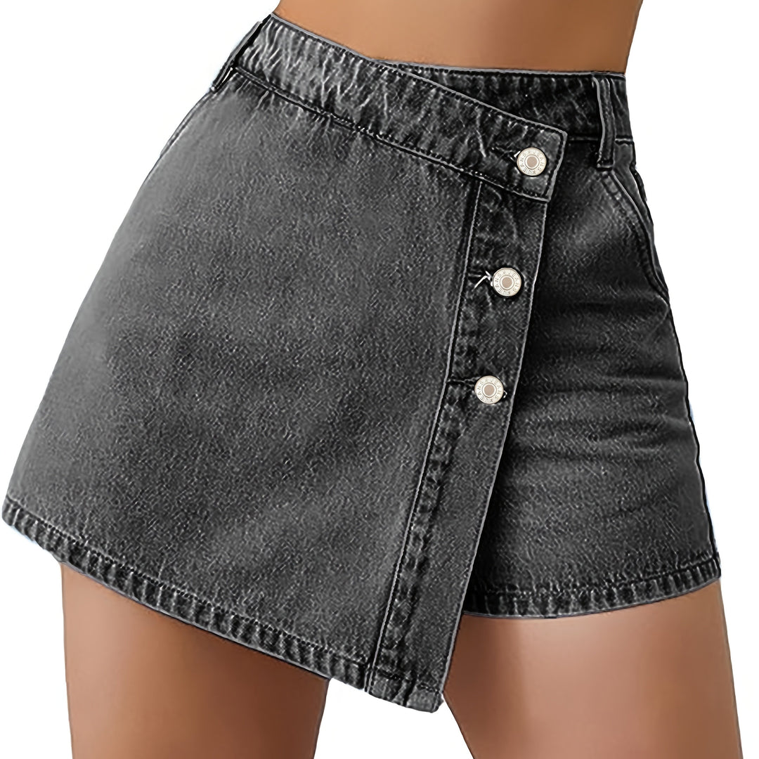 Denim Shorts Rok – Hoge Taille & Asymmetrische Knoopsluiting