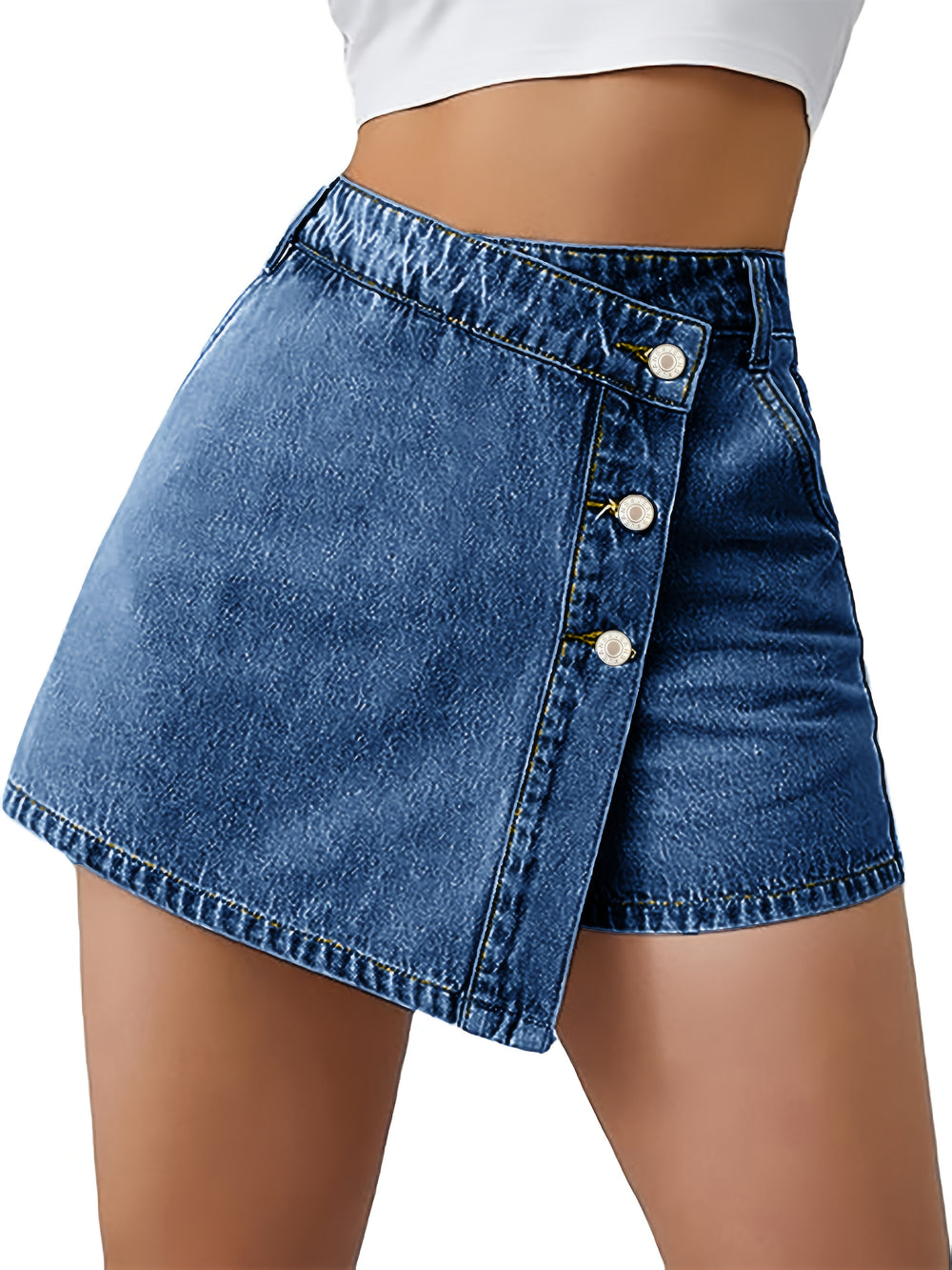 Denim Shorts Rok – Hoge Taille & Asymmetrische Knoopsluiting