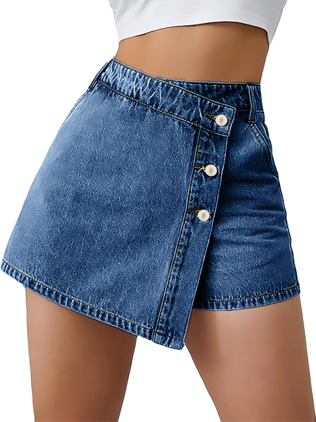 Denim Shorts Rok – Hoge Taille & Asymmetrische Knoopsluiting