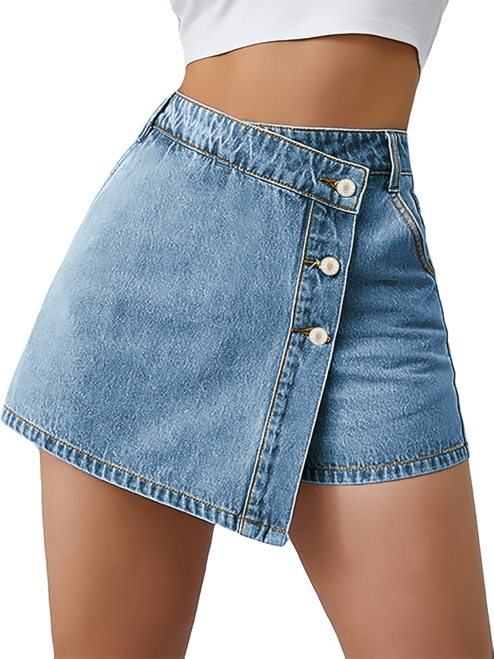 Denim Shorts Rok – Hoge Taille & Asymmetrische Knoopsluiting