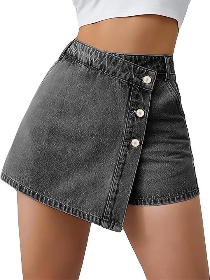 Denim Shorts Rok – Hoge Taille & Asymmetrische Knoopsluiting