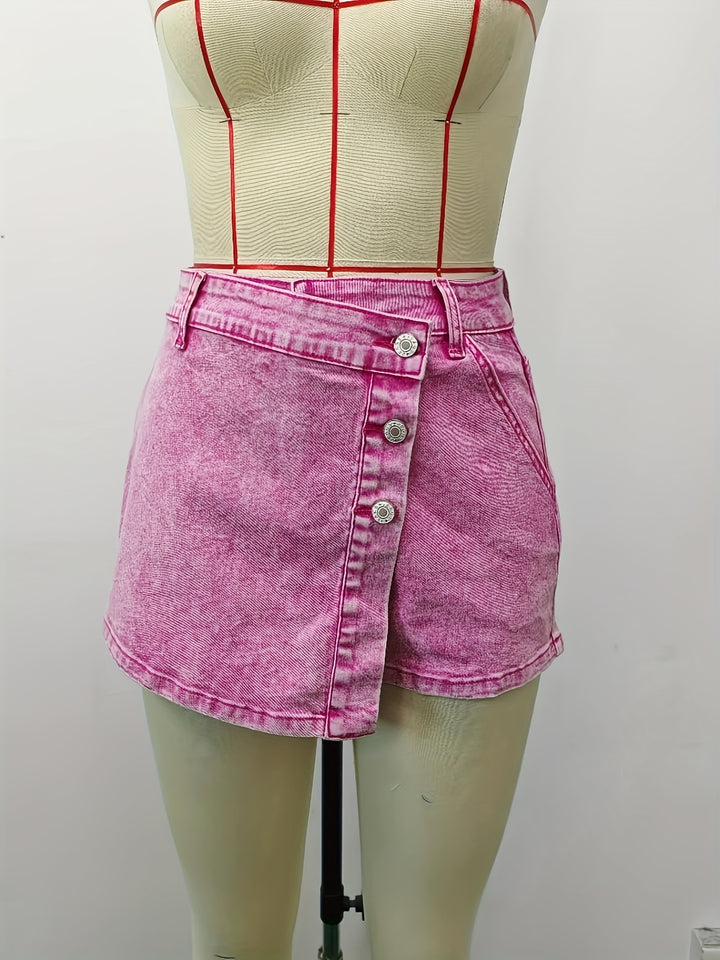 Denim Shorts Rok – Hoge Taille & Asymmetrische Knoopsluiting