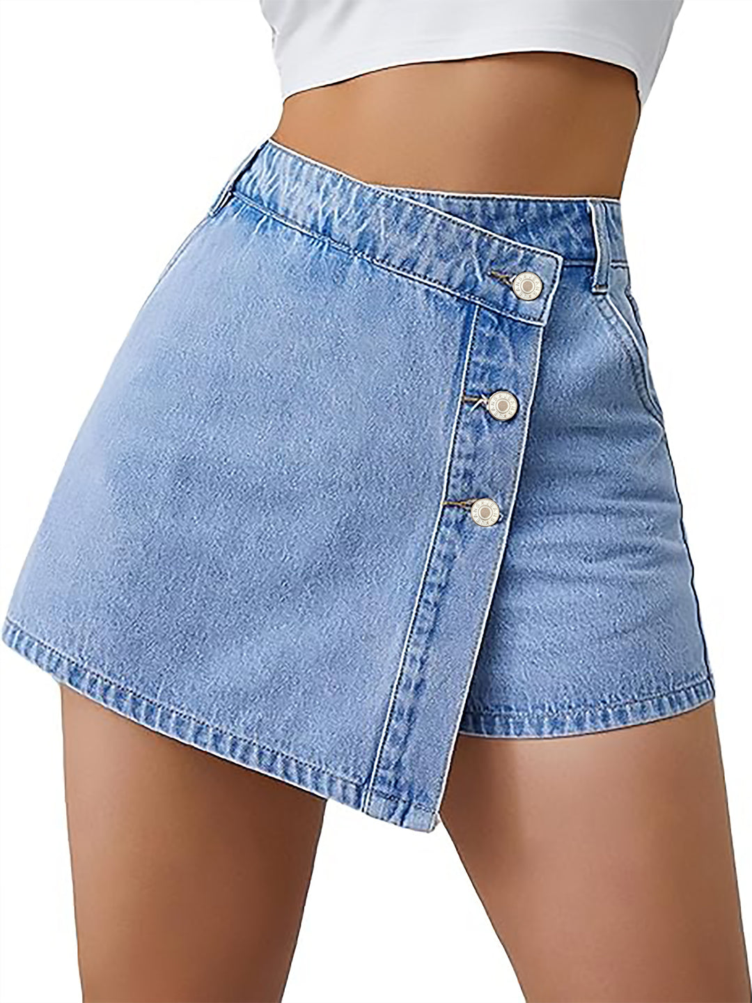 Denim Shorts Rok – Hoge Taille & Asymmetrische Knoopsluiting