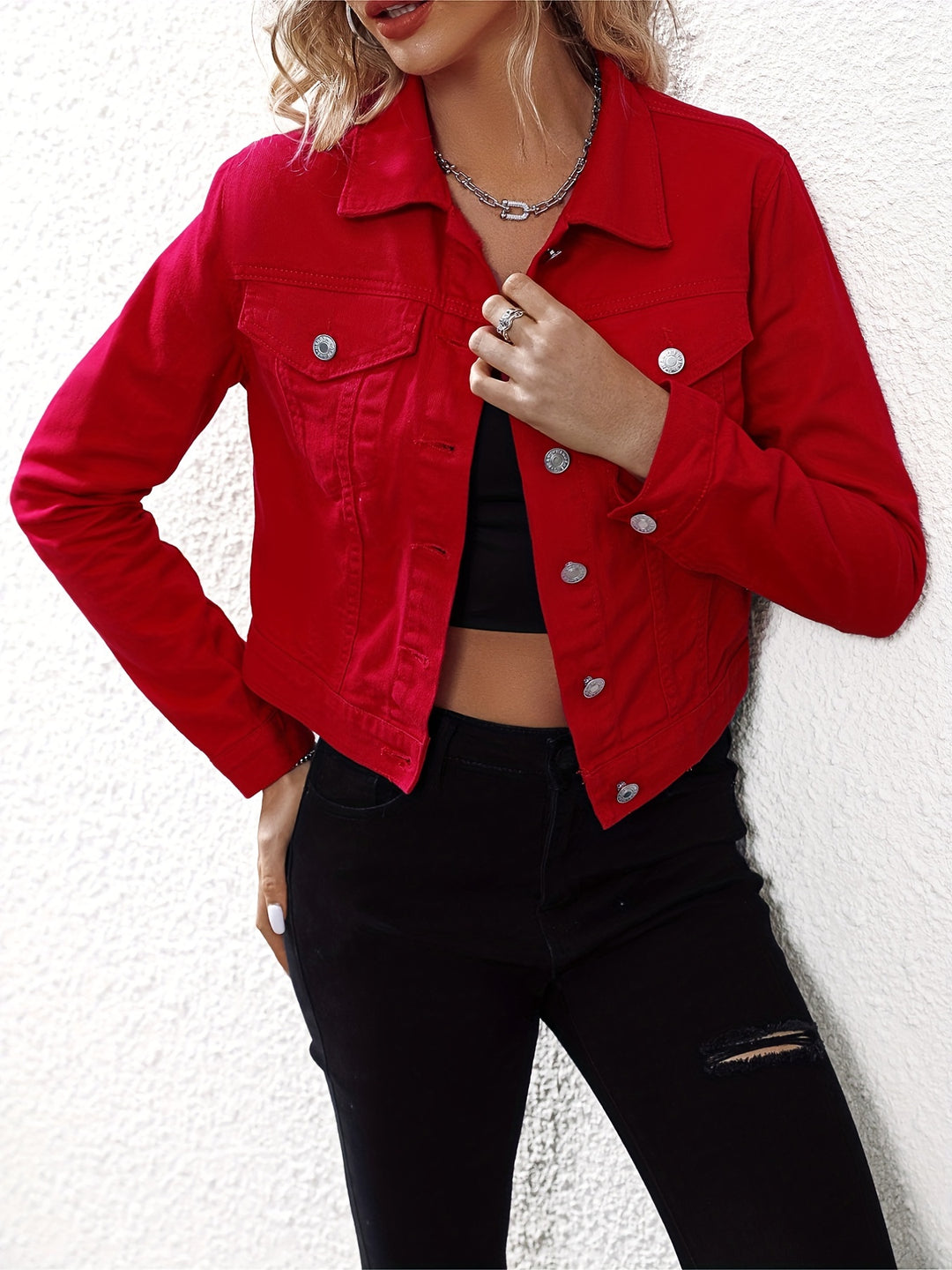 Denim jack - enkelrijige knoopsluiting & effen kleur