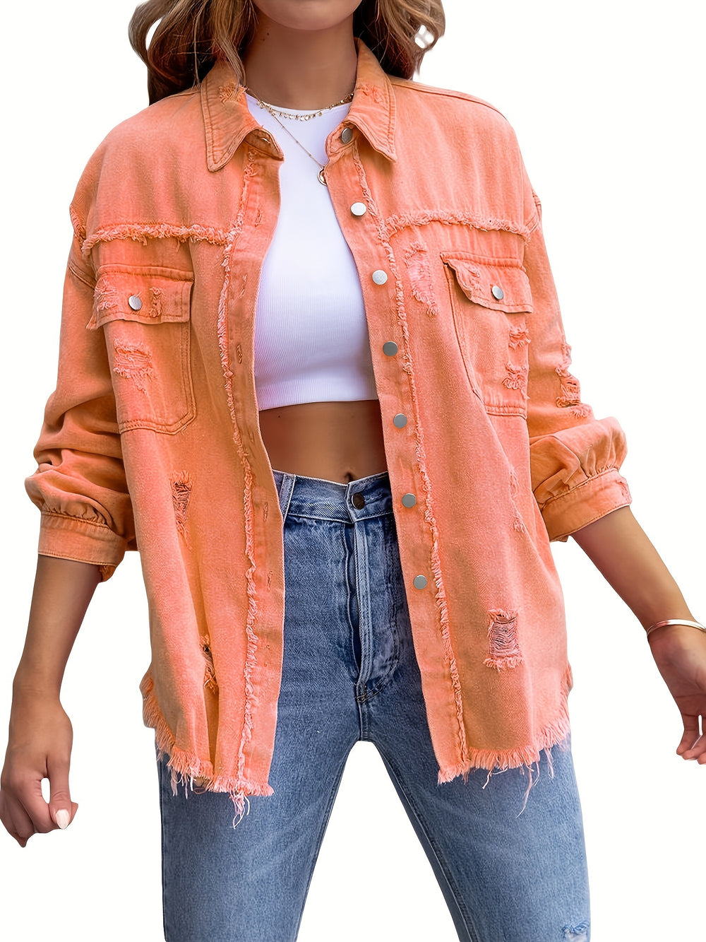 Denim jack - gerafelde zoom en manchetten, functionele borstzakken, knoopsluiting voor