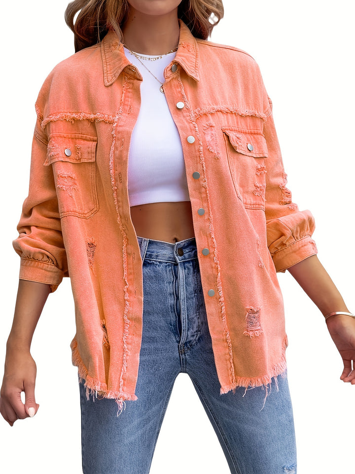 Denim jack - gerafelde zoom en manchetten, functionele borstzakken, knoopsluiting voor