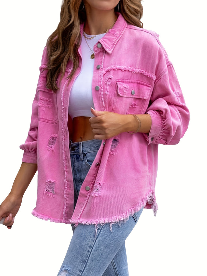Denim jack - gerafelde zoom en manchetten, functionele borstzakken, knoopsluiting voor