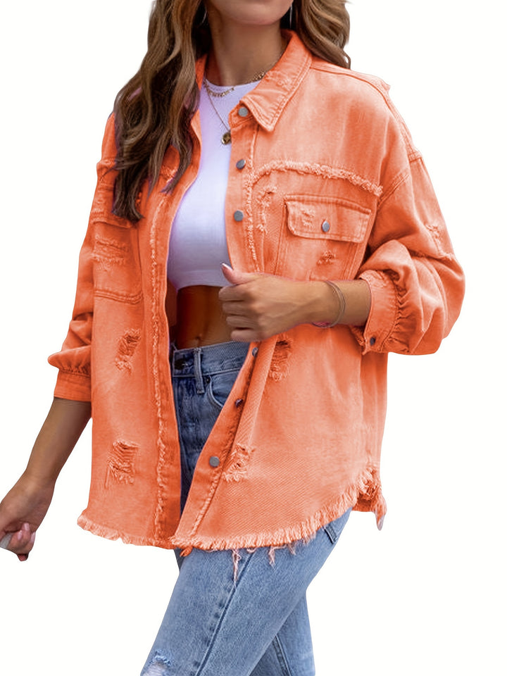 Denim jack - gerafelde zoom en manchetten, functionele borstzakken, knoopsluiting voor