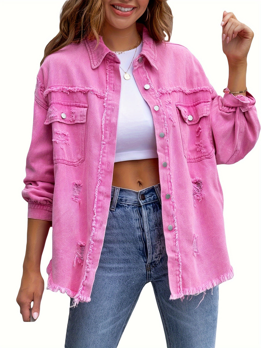 Denim jack - gerafelde zoom en manchetten, functionele borstzakken, knoopsluiting voor