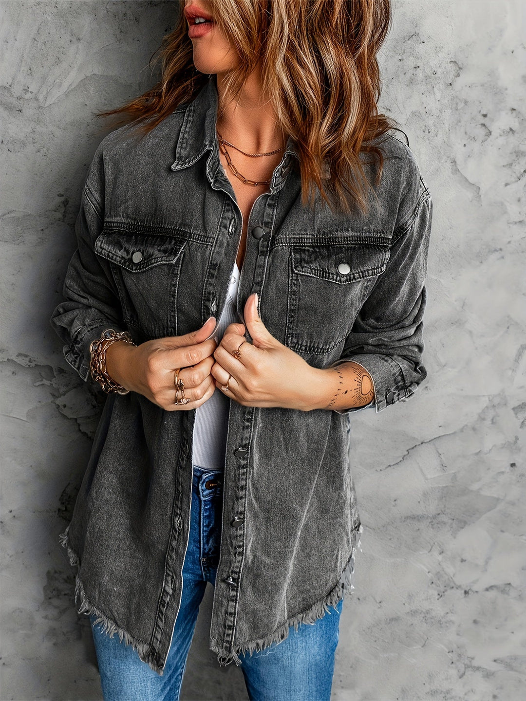 Denim jack met reverskraag en lange mouwen