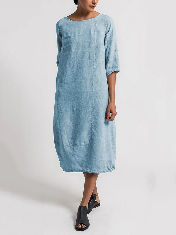 Dinny - 3/4 Mouwen Ronde Hals Effen Casual Jurk