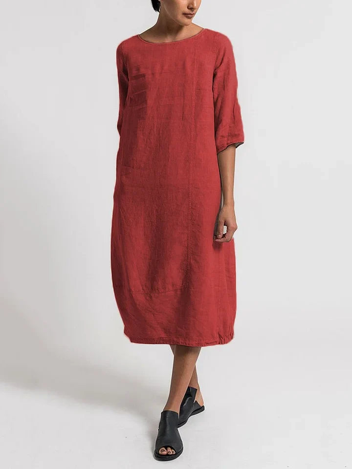 Dinny - 3/4 Mouwen Ronde Hals Effen Casual Jurk