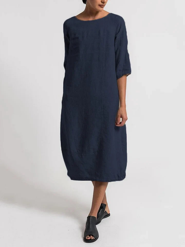 Dinny - 3/4 Mouwen Ronde Hals Effen Casual Jurk