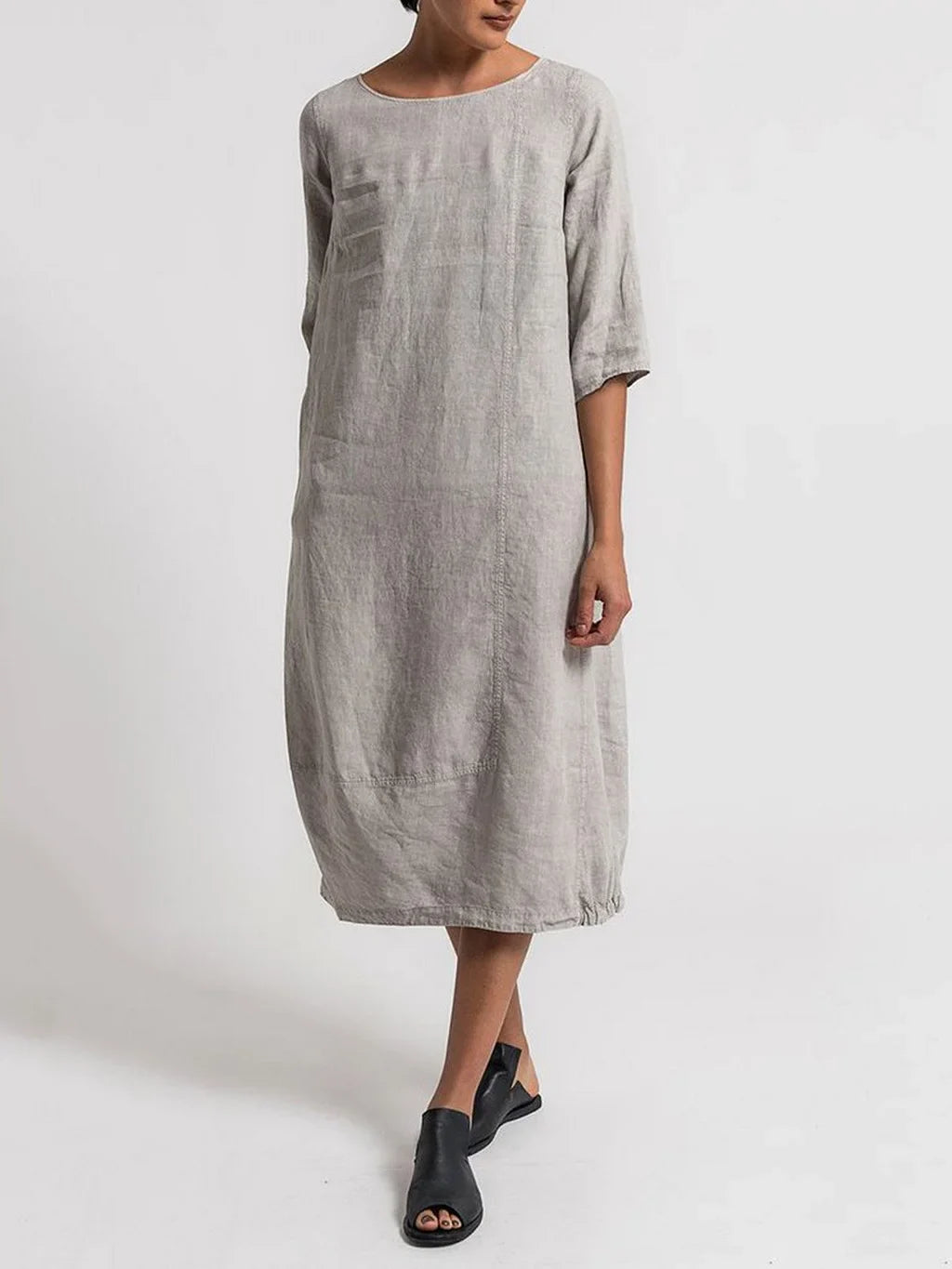 Dinny - 3/4 Mouwen Ronde Hals Effen Casual Jurk