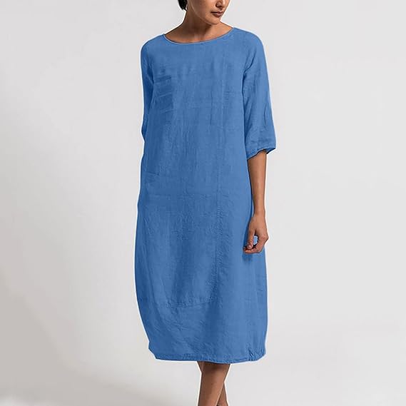 Dinny - 3/4 Mouwen Ronde Hals Effen Casual Jurk