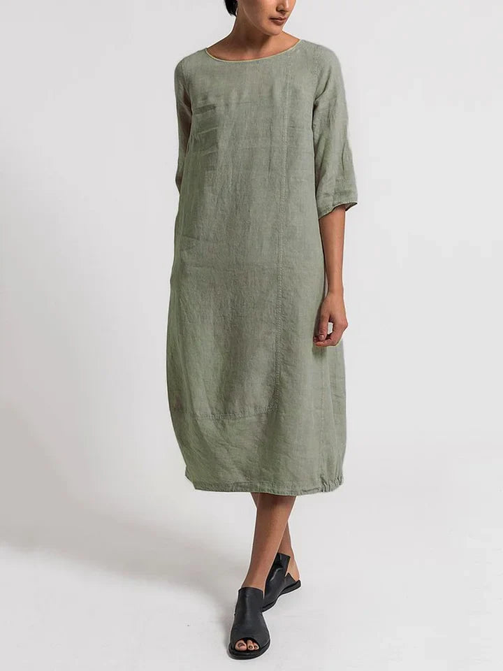 Dinny - 3/4 Mouwen Ronde Hals Effen Casual Jurk