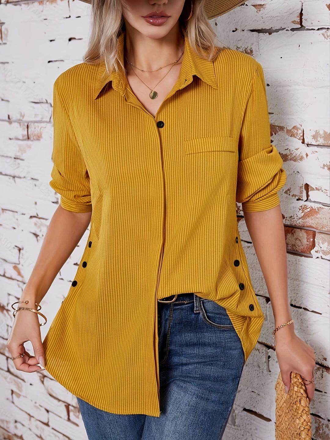 Effen Blouse met Zijknopen - Opgerolde Mouwen & Opaque Pasvorm