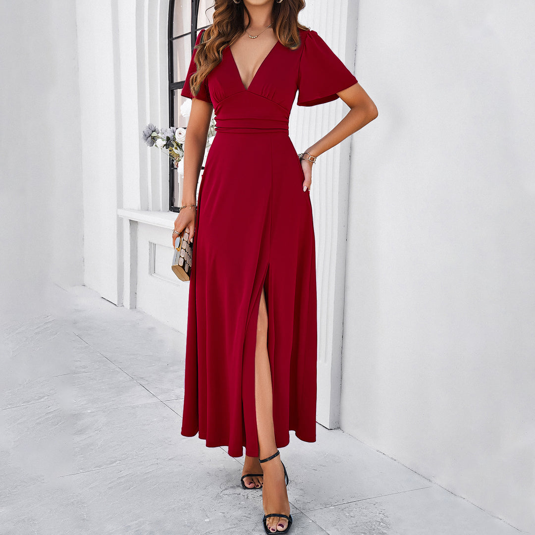 Effen Kleur Elegante V-hals Jurk - Zij Splits & Pullover Stijl