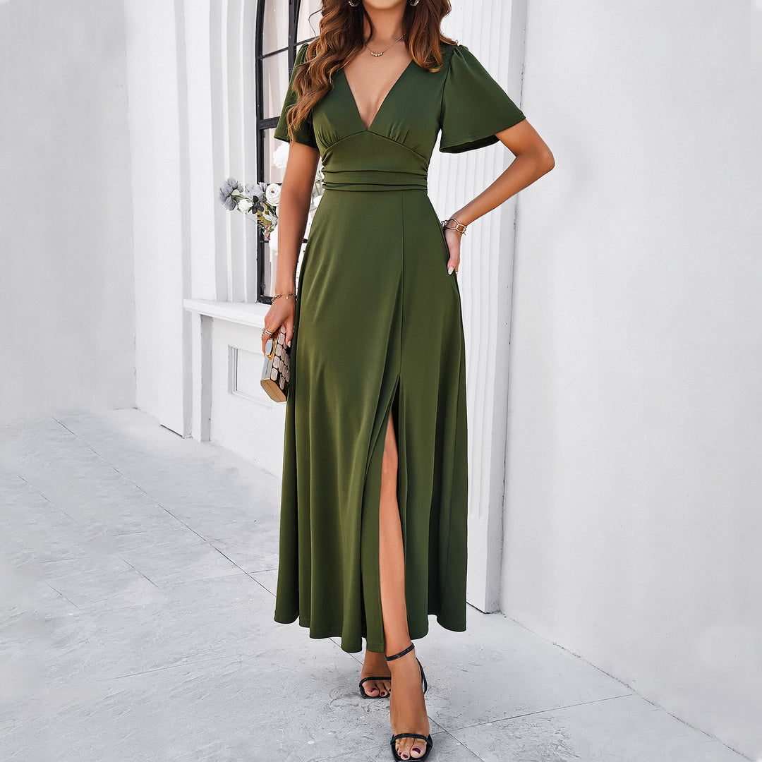Effen Kleur Elegante V-hals Jurk - Zij Splits & Pullover Stijl