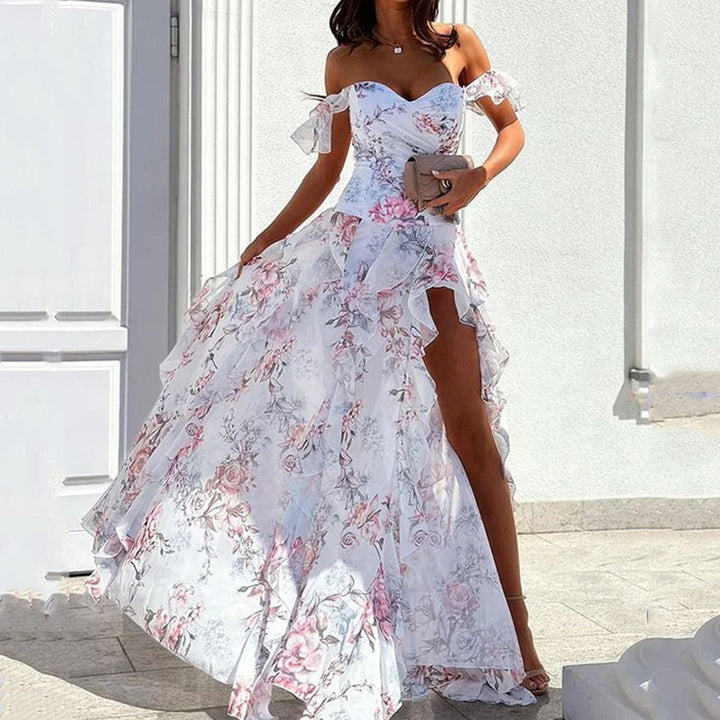 Elegante Baljurk - Off-Shoulder Ontwerp & Zijslit met Bloemenkant