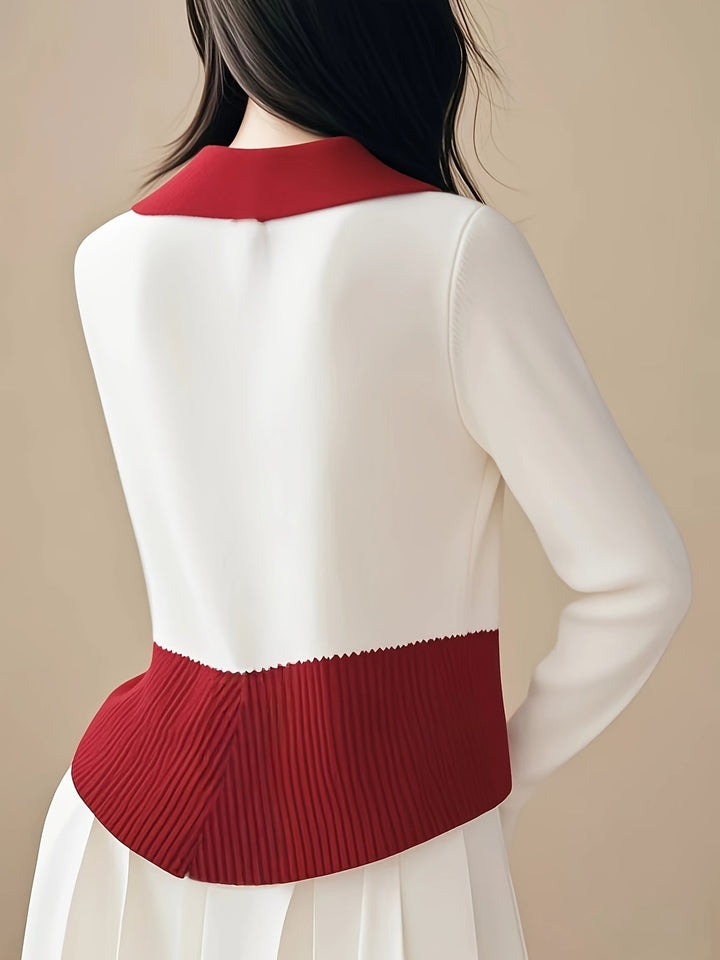Elegante Rode en Witte Kleurblok Trui Cardigan