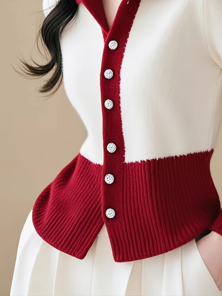 Elegante Rode en Witte Kleurblok Trui Cardigan