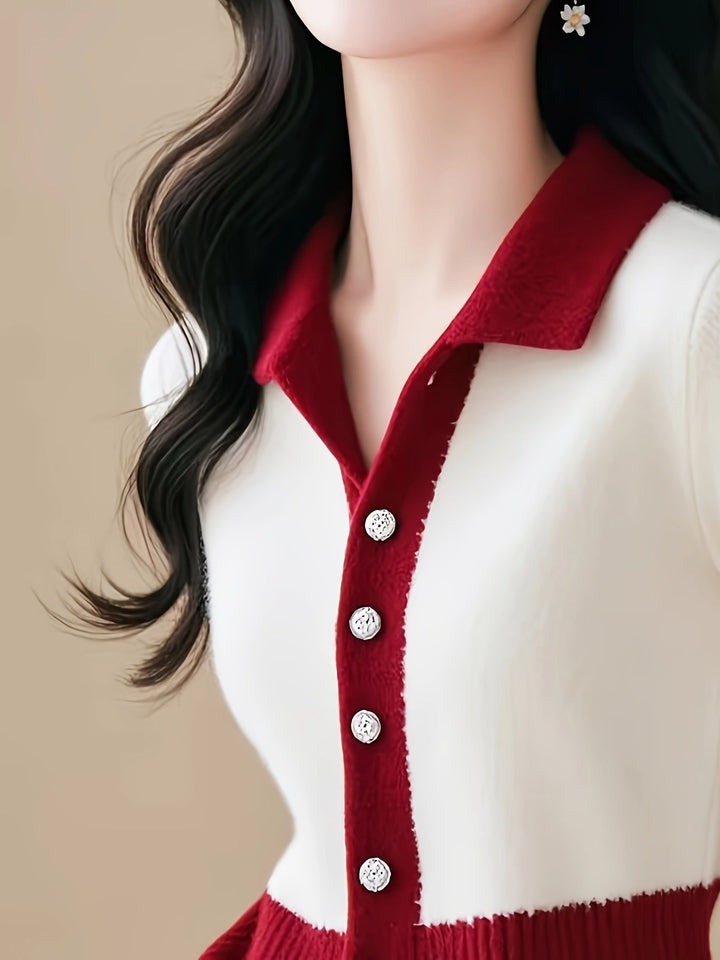 Elegante Rode en Witte Kleurblok Trui Cardigan