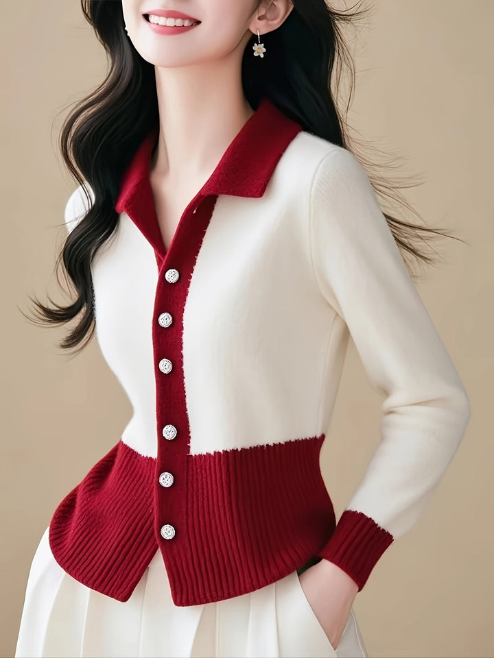Elegante Rode en Witte Kleurblok Trui Cardigan