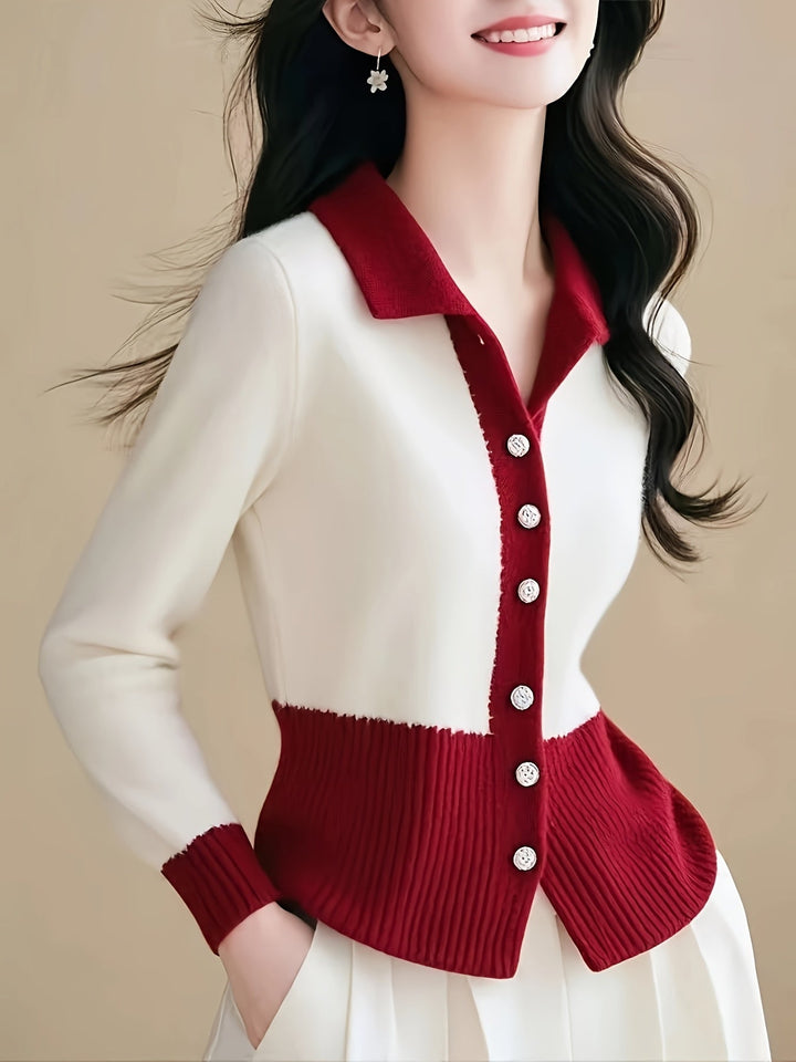 Elegante Rode en Witte Kleurblok Trui Cardigan