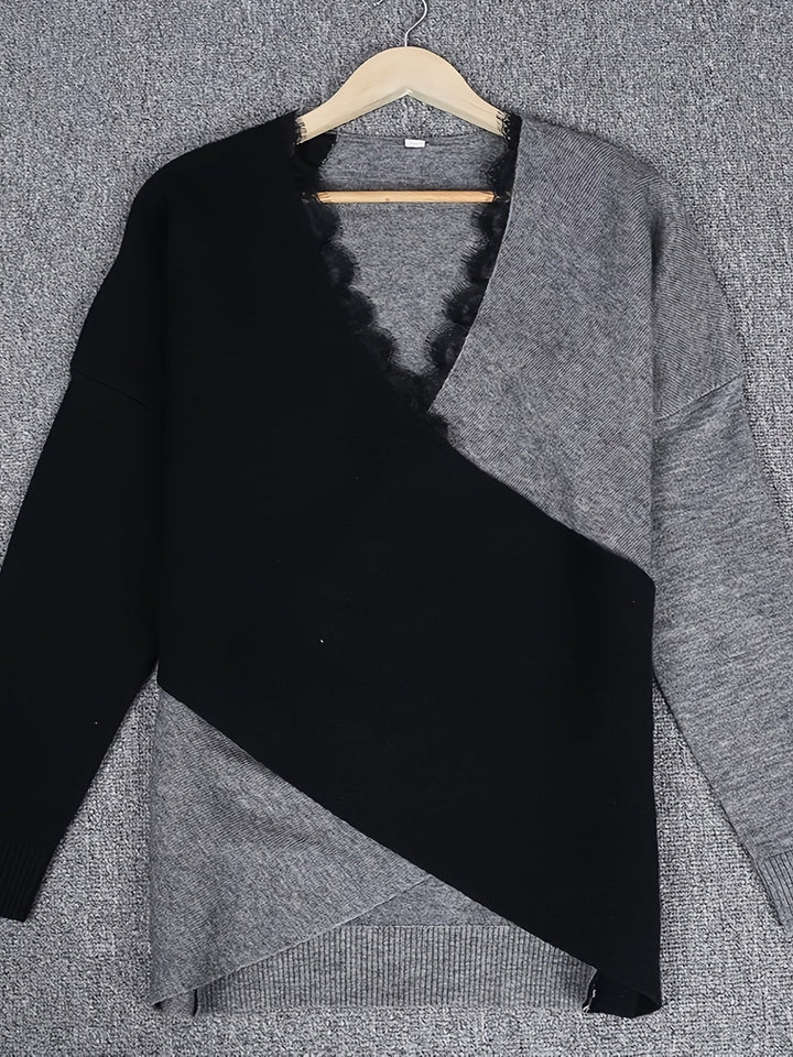 Elegante V-hals Trui met Kleurblok en Kant
