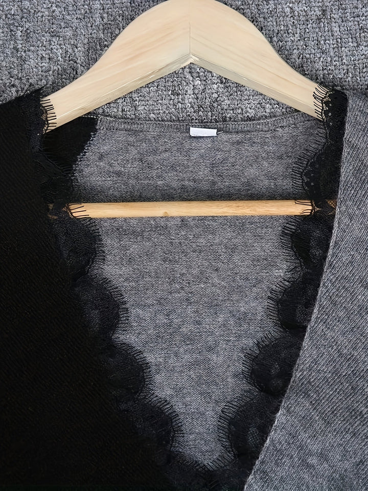 Elegante V-hals Trui met Kleurblok en Kant