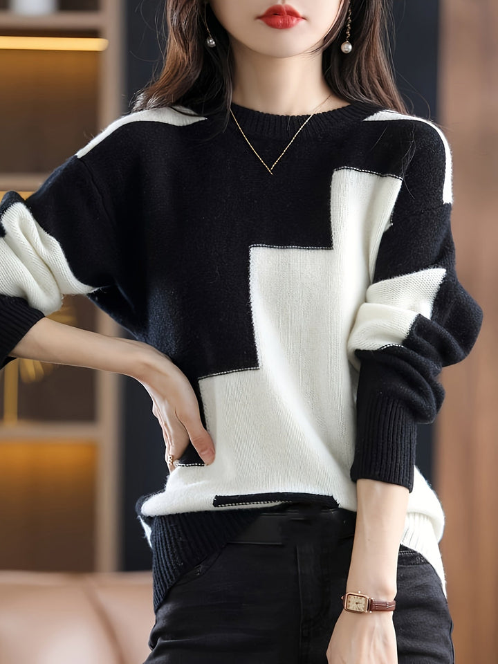 Elegante Zwarte En Blauwe Kleurblok Trui - Dames Langsleeves
