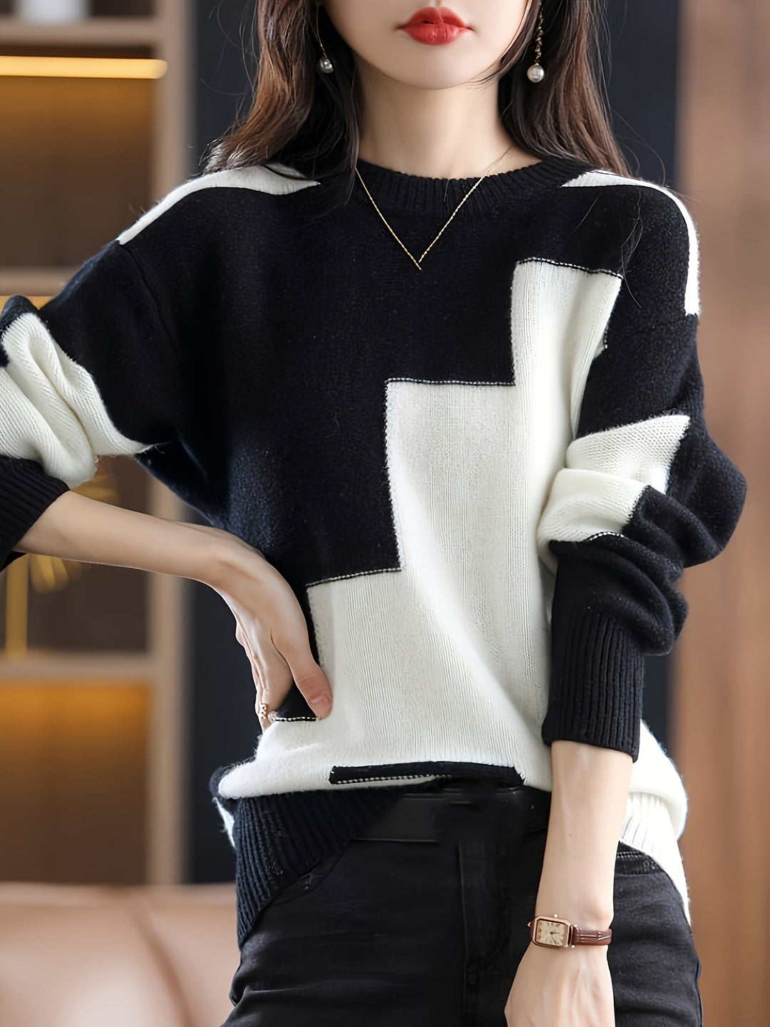 Elegante Zwarte En Blauwe Kleurblok Trui - Dames Langsleeves