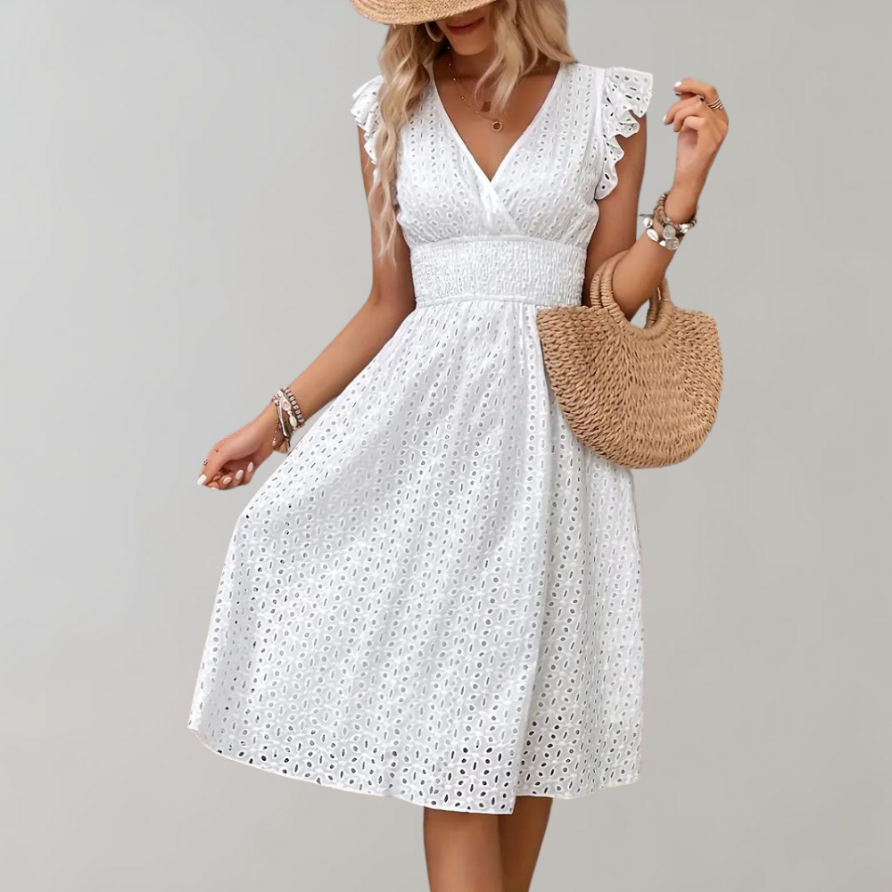 Eyelet Midi-jurk - Rimpel Mouwen & Gesmokte Taille