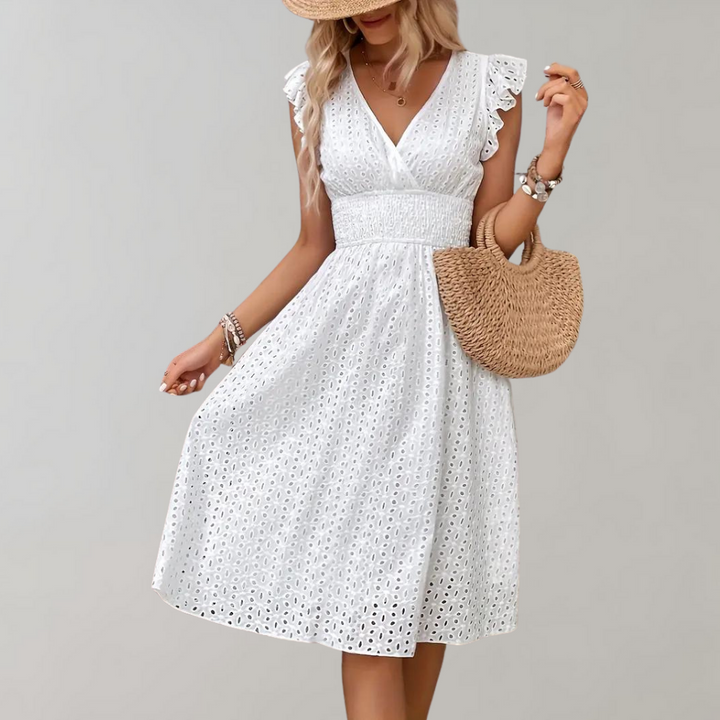 Eyelet Midi-jurk - Rimpel Mouwen & Gesmokte Taille