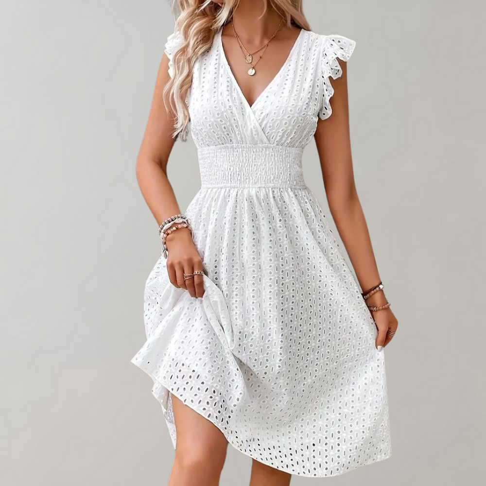 Eyelet Midi-jurk - Rimpel Mouwen & Gesmokte Taille