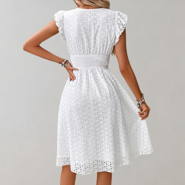 Eyelet Midi-jurk - Rimpel Mouwen & Gesmokte Taille